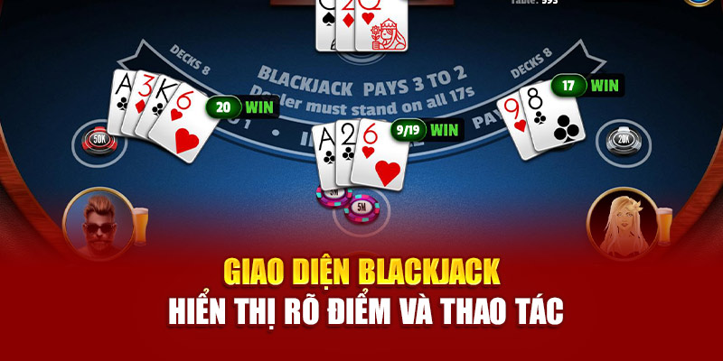 Giao diện blackjack hiển thị rõ điểm và thao tác